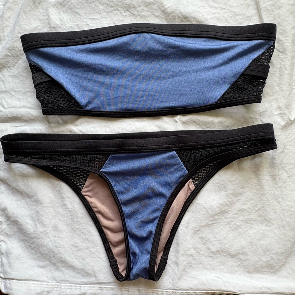 Victoria’s Secret Blue Bandeau Bikini Set with Black Mesh Details Size S/P